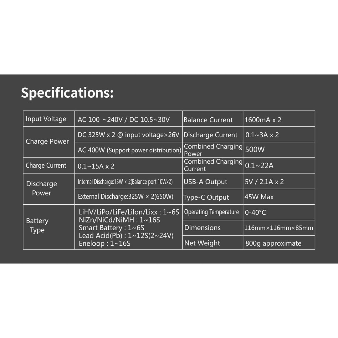 HOTA S6 400W 15A 1-6S Dual Channel AC/DC Smart Charger - Black